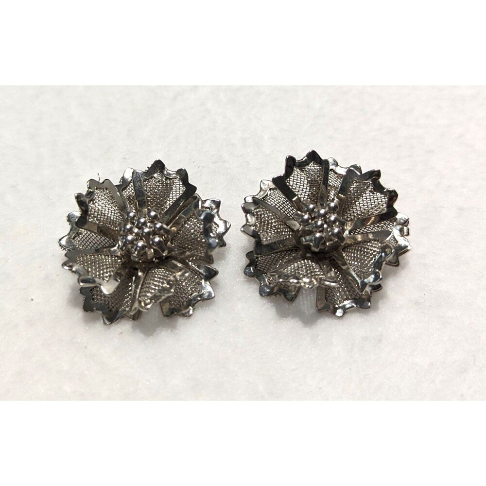 Mid Century Silver Tone Mesh Flower Clip On Earrings